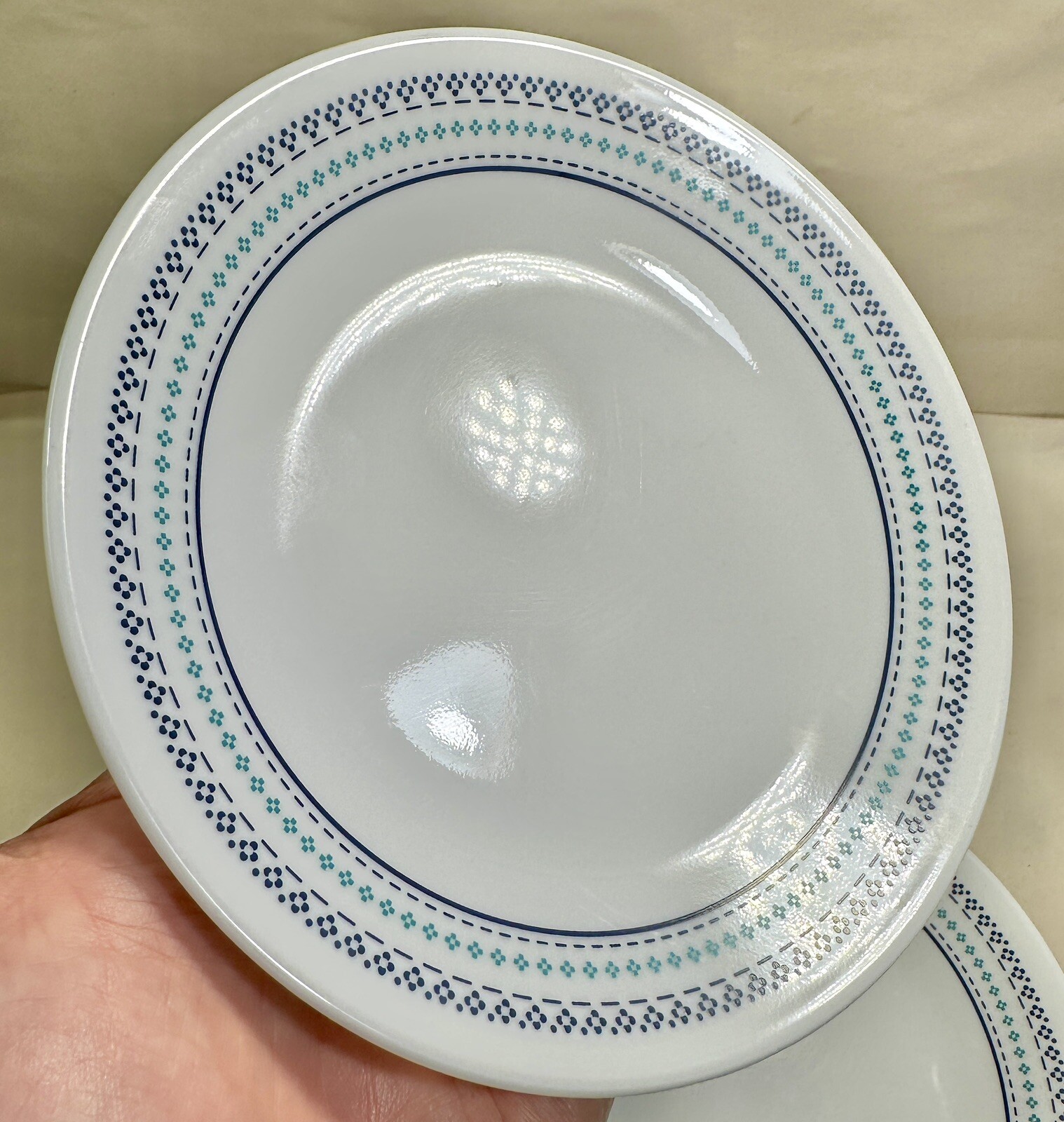 Six (6) Corelle Folk Stitch Salad / Bread / Dessert Plates - 6 ¾" - Unboxed - Image 2