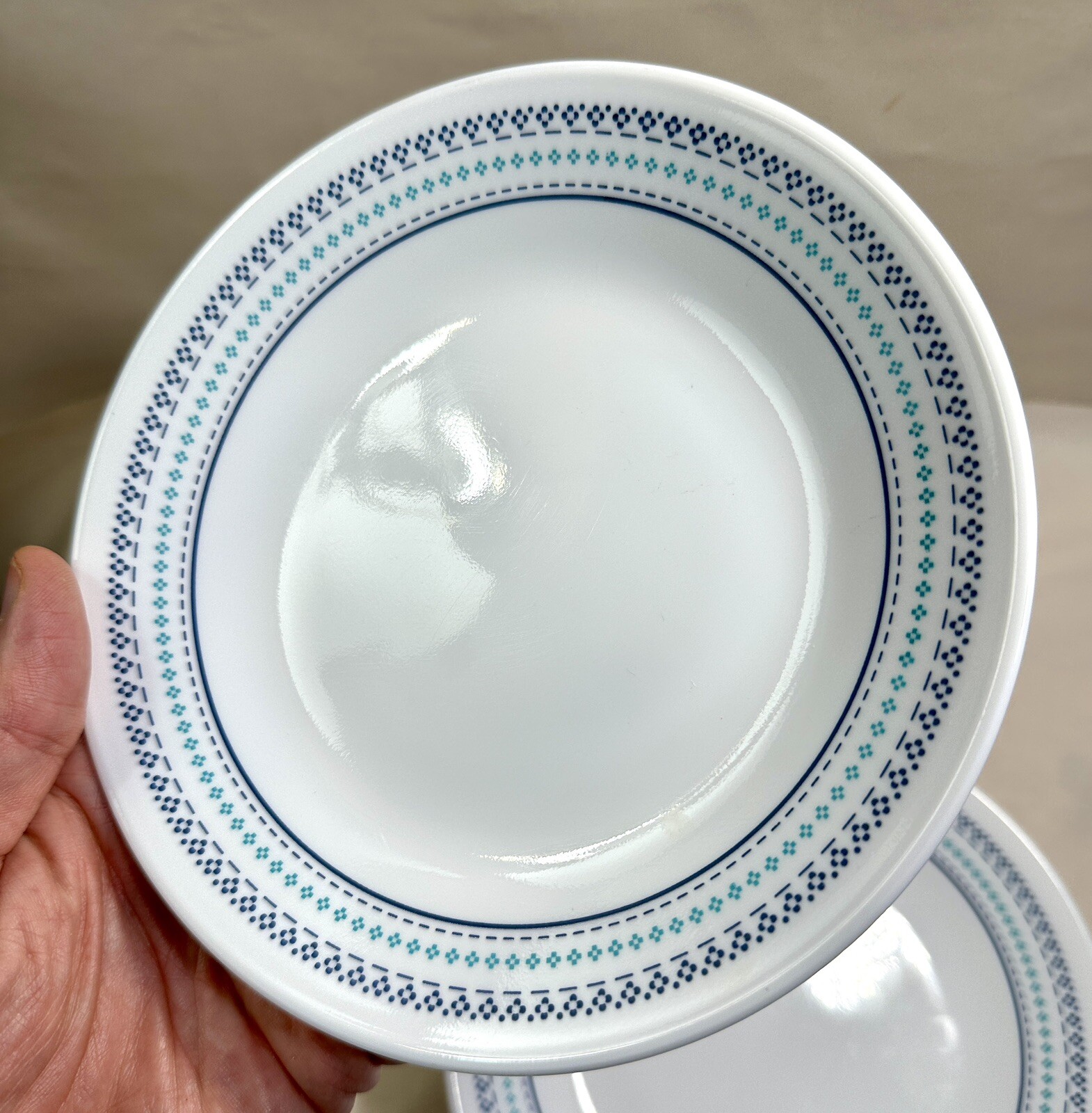 Six (6) Corelle Folk Stitch Salad / Bread / Dessert Plates - 6 ¾" - Unboxed