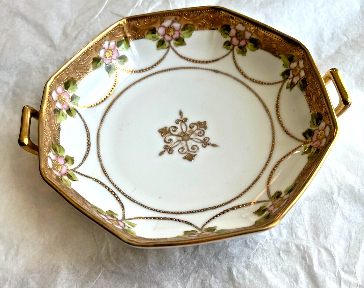 Vintage Nippon Japan Hand Painted Double Handle Candy Dish Bowl - Image 3