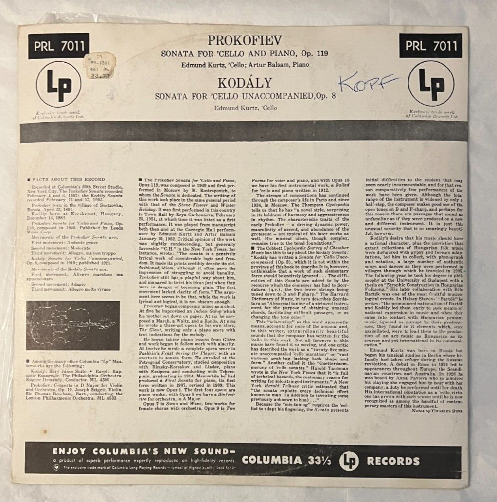 EDMUND KURTZ cello - PROKOFIEV & KODALY Sonatas w/ Balsam - COLUMBIA PRL 7011 - Image 8