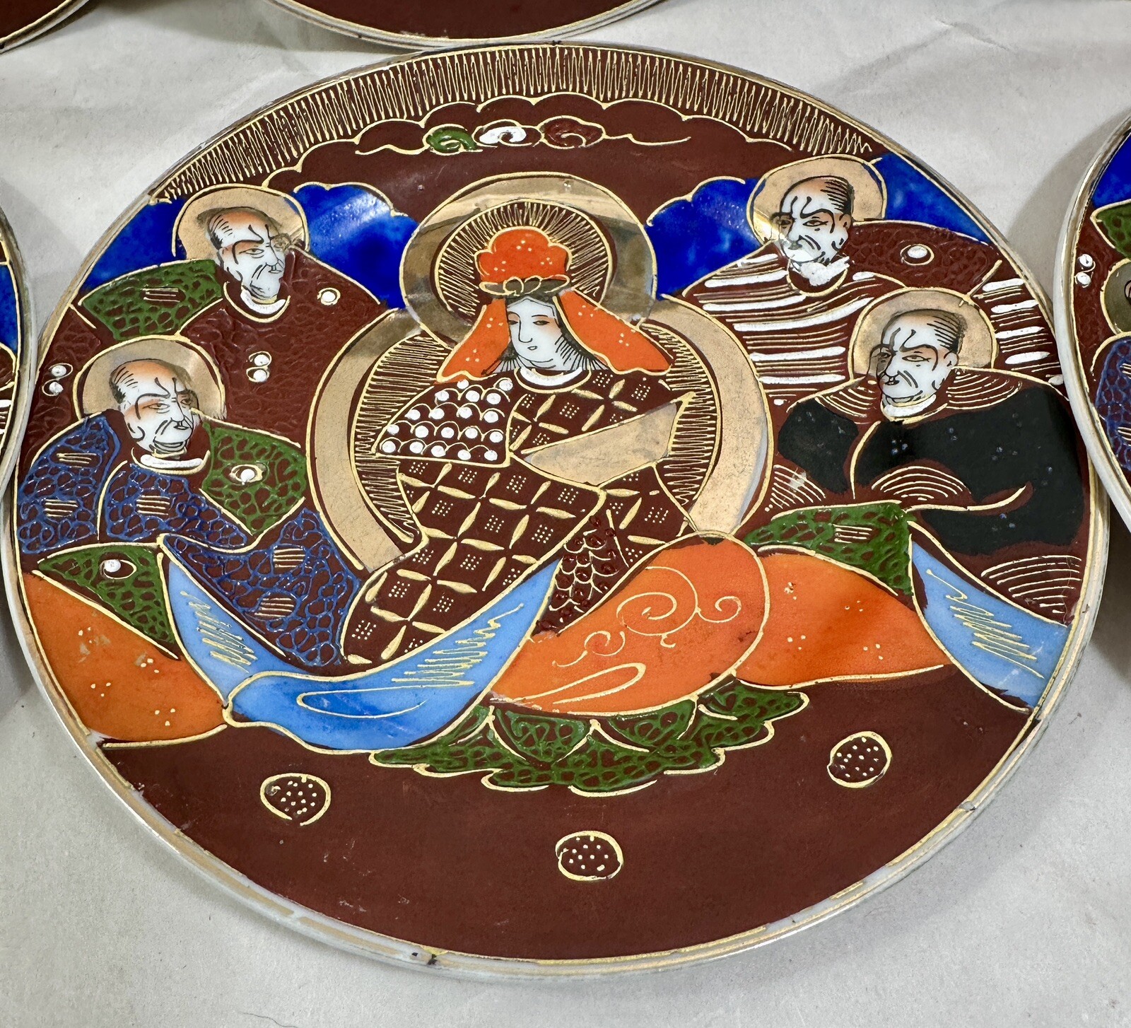 Six (6) Satsuma Japanese Moriage Goddess Kanna & 4 Immortals Plates - 7-1/8" - Image 3