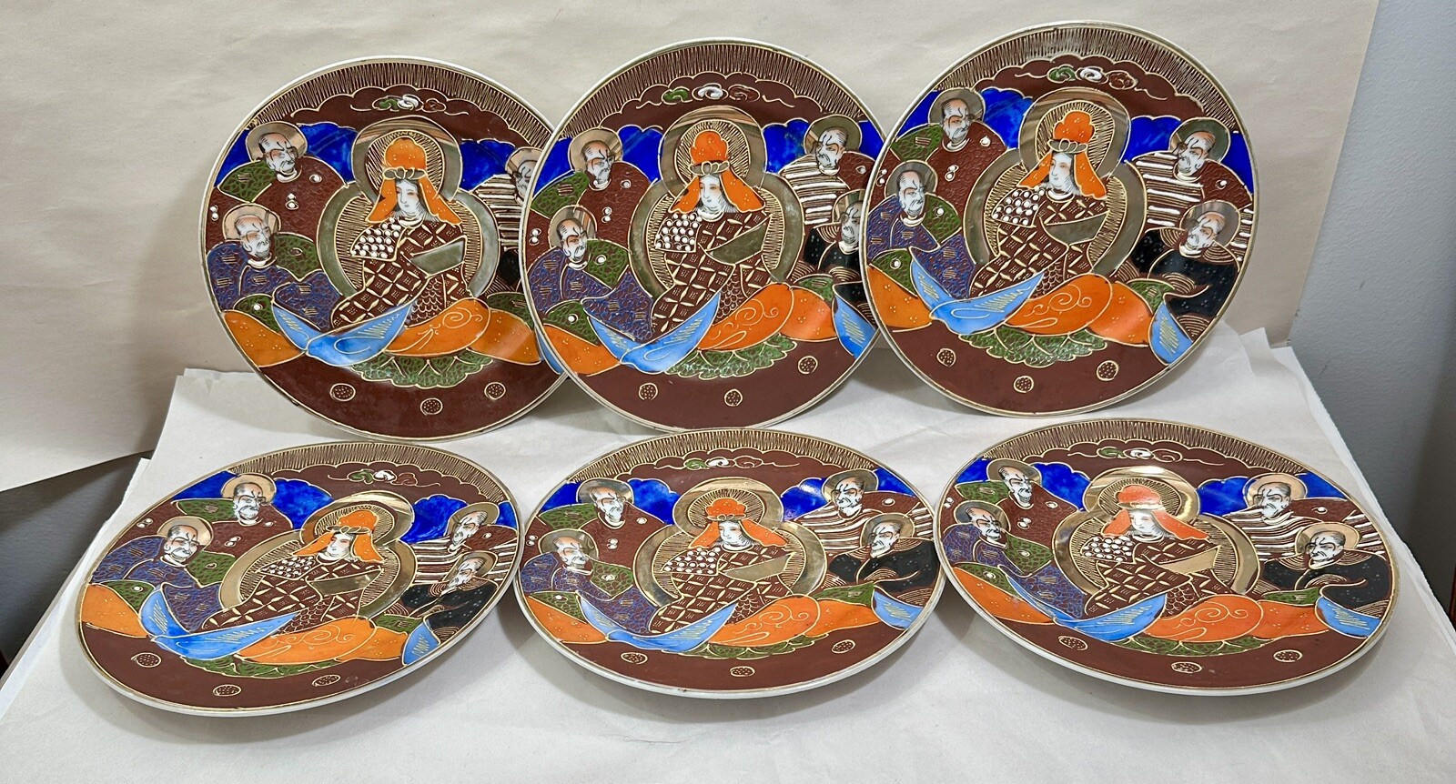 Six (6) Satsuma Japanese Moriage Goddess Kanna & 4 Immortals Plates - 7-1/8"