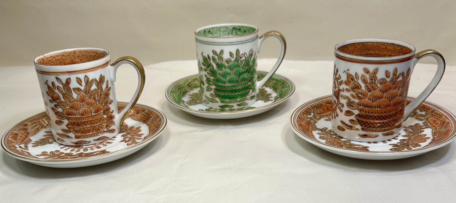 Set Of 3 Sandrea Demitasse Cups / Saucers Harvest Pattern Gold Trim - Japan