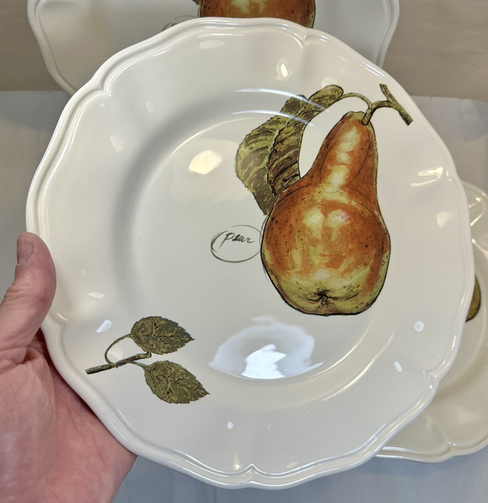 Set of 3 Opificio Etico Ceramic Scalloped Pear Theme Dinner Plates Italy 11” NOS - Image 1