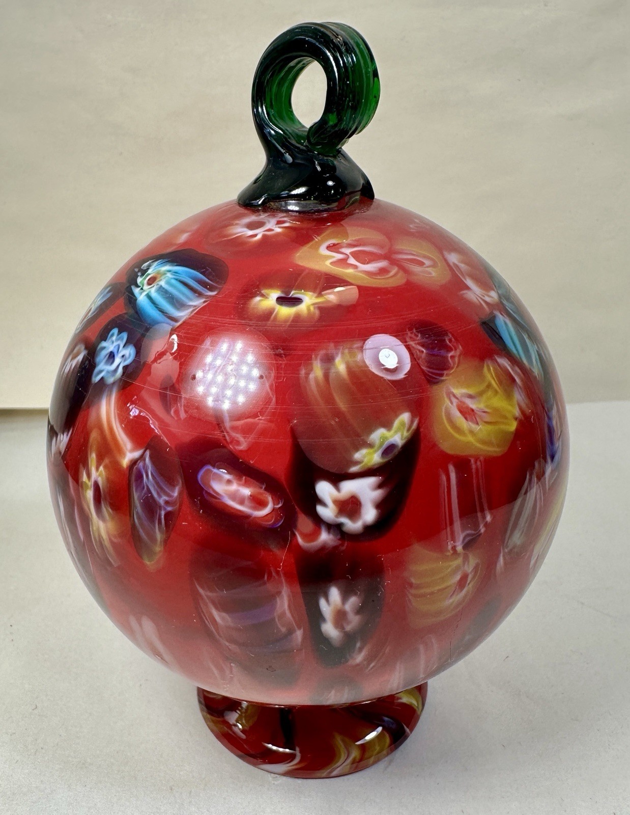 Murano Millefiori Globe Orb Footed Free Standing Hanging Witch Ball - Red Blue - Image 3