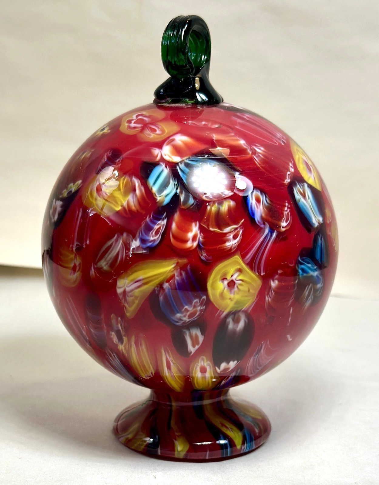 Murano Millefiori Globe Orb Footed Free Standing Hanging Witch Ball - Red Blue