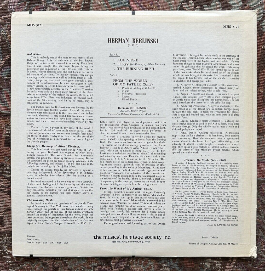 Herman Berlinski: Kol Nidre, Other Works - Music Heritage Society MHS 3121 - Image 5