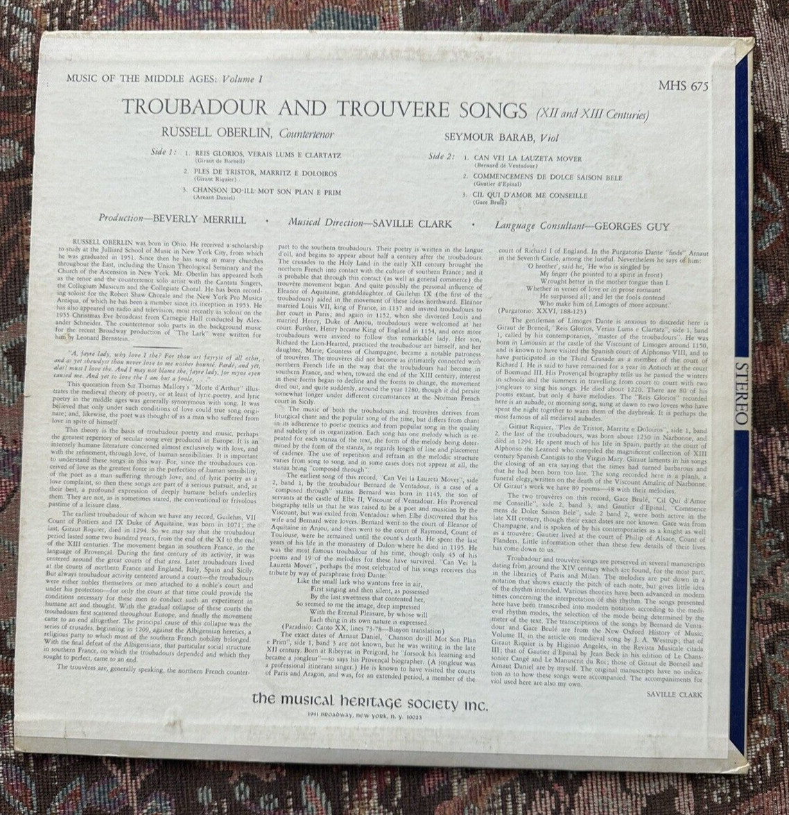 Russell Oberlin - Troubadour and Trouvere Songs - MHS 675 - Seymour Barab, Viol - Image 5