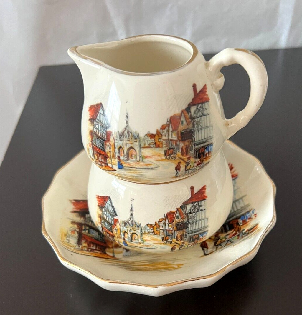English Ware Lancaster Sandland LTD Hanley England Creamer, Sugar and Saucer EUC