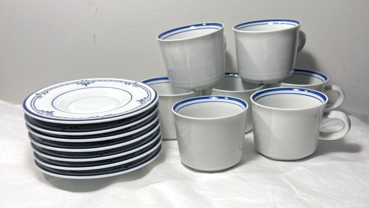 Seven (7) Mikasa Cera Stone Newport NB500 Blue Coffee Cups / Saucers - Japan