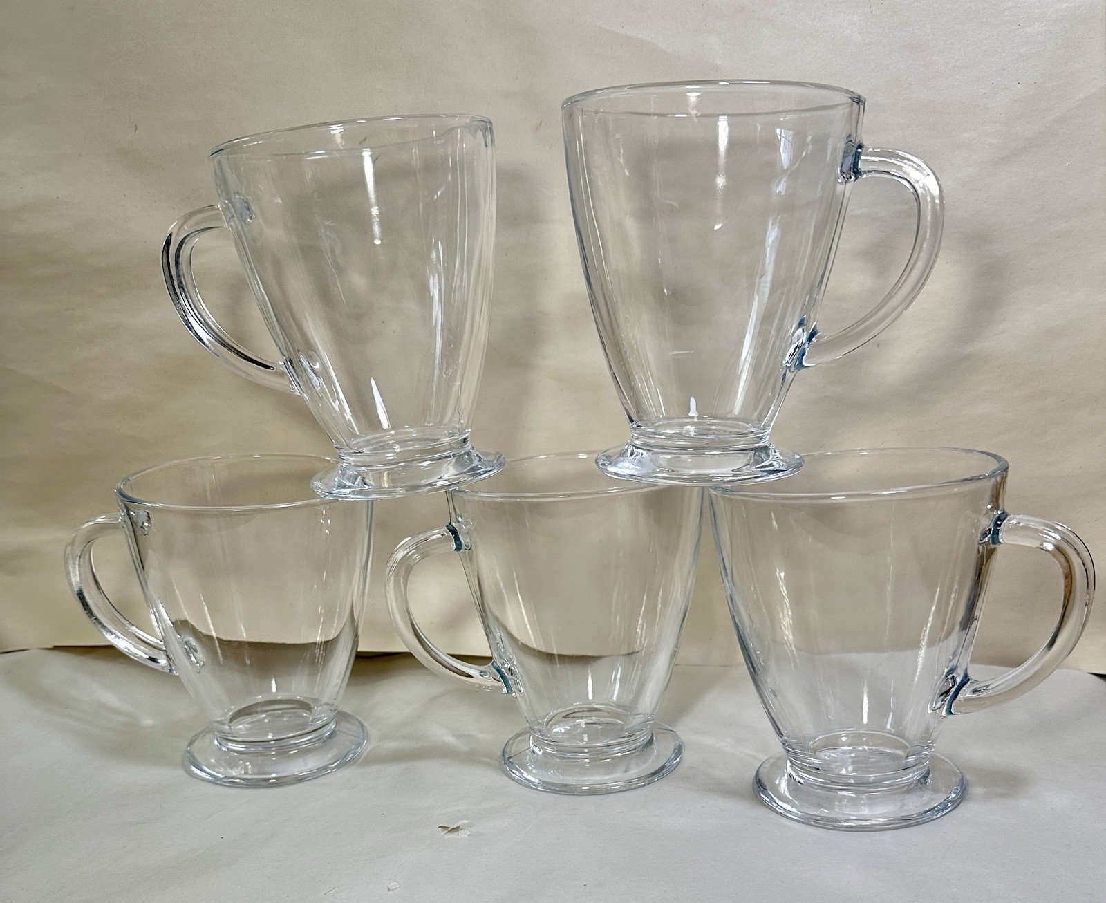 Set of 5 (Five) Footed Coffee Mugs Cups Clear Glass Hot Cold Drink 16 oz - NWOT