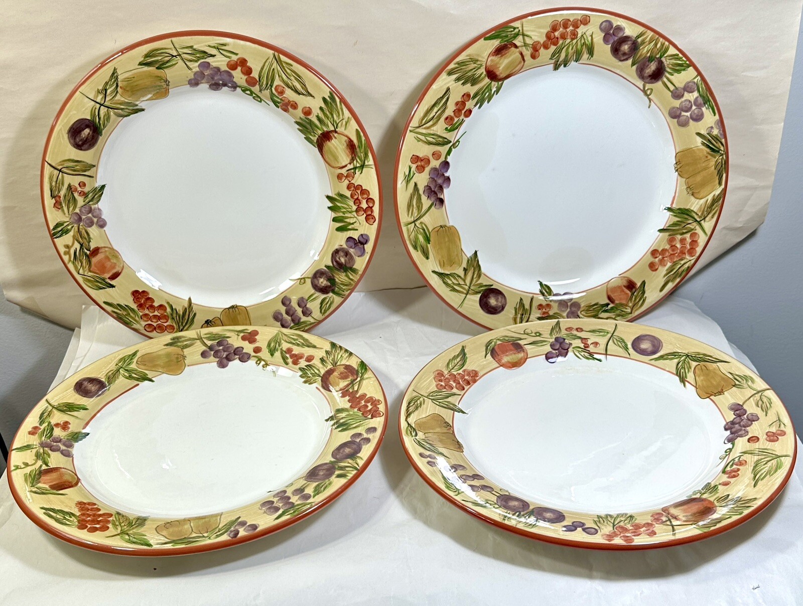Set of Four (4) Oneida Earthenware VICTORIA Dinner Plates 11" - Fruit on Rim