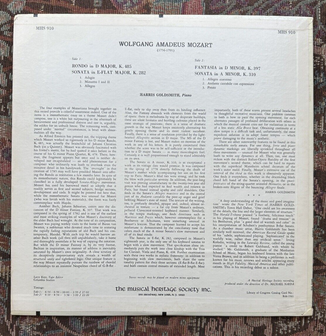 Mozart / Harris Goldsmith - Musical Heritage Society MHS-910 Stereo - Image 5
