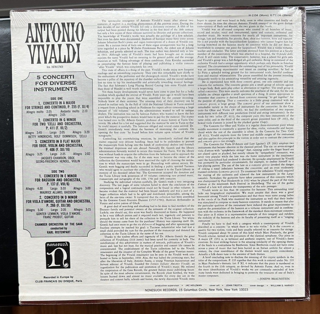 SEALED: Antonio Vivaldi - 5 Concerti For Diverse Instruments - Nonesuch H 71104 - Image 1