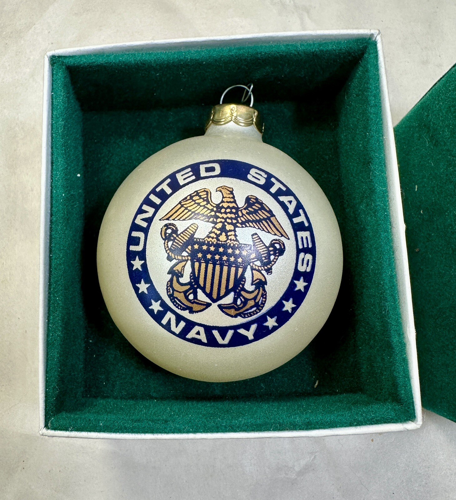 US Navy Christmas Ornament Large Hand Painted Globe - Green Velvet Covered Box