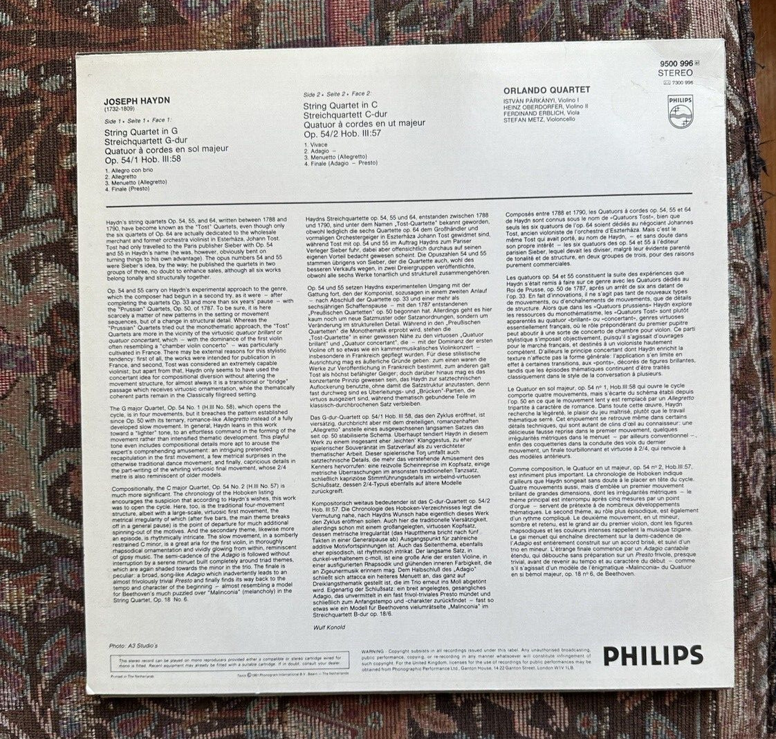 Haydn / Orlando Quartet String - Quartets Op. 54 No 1 & 2 - Philips 9500 996 - Image 5