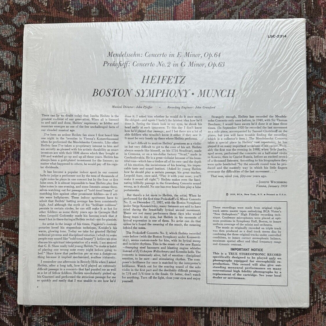 RCA LSC-2314 Heifetz Munch Mendelssohn Prokofieff Concertos - Image 2