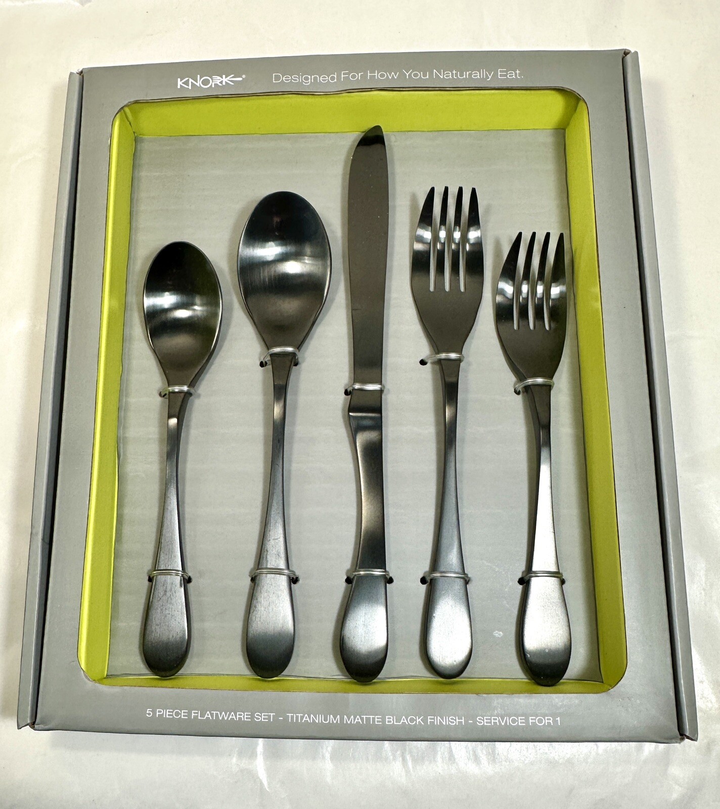 Knork Flatware 5-Piece Place Setting Matte Black Titanium Finish Brand New Set - Image 3