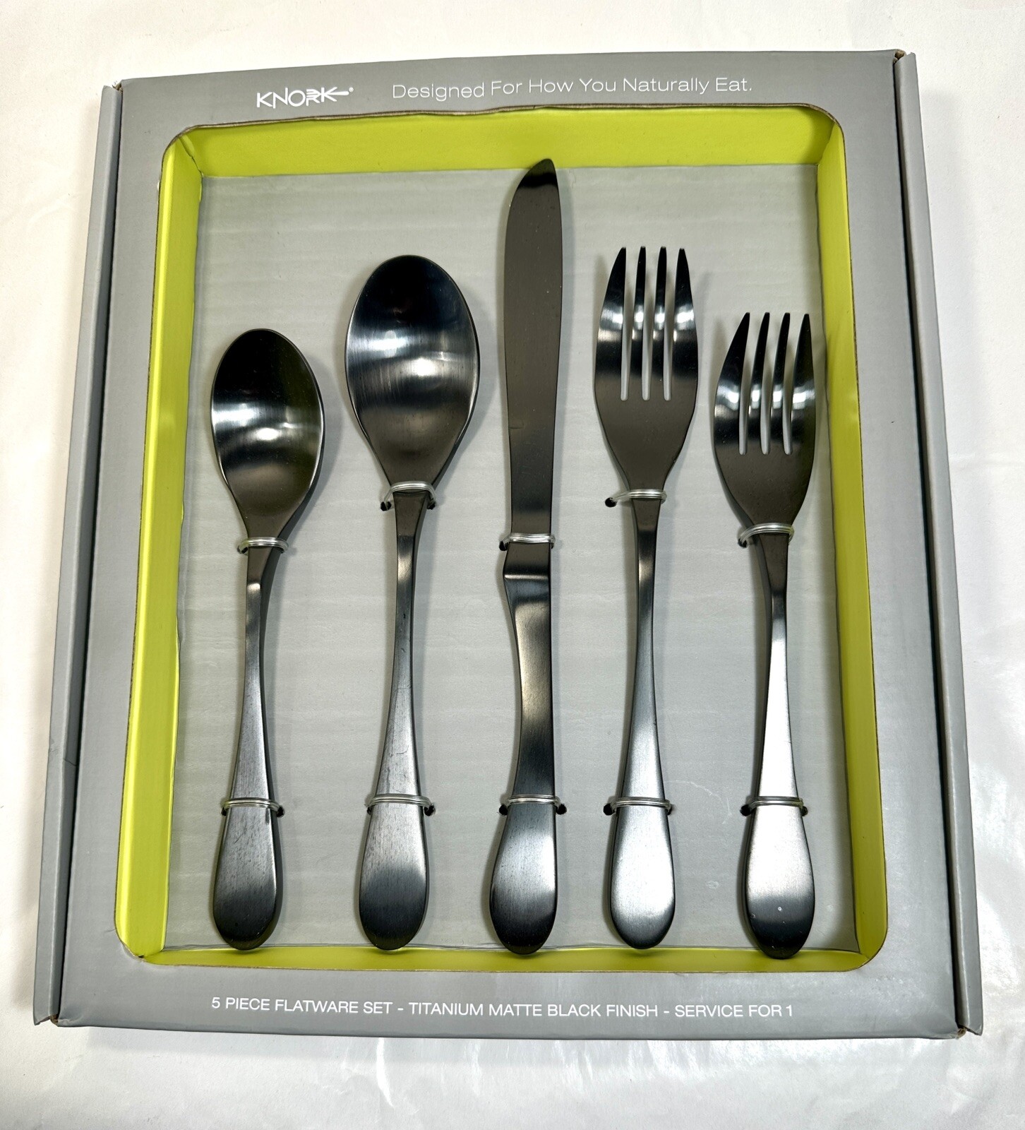 Knork Flatware 5-Piece Place Setting Matte Black Titanium Finish Brand New Set