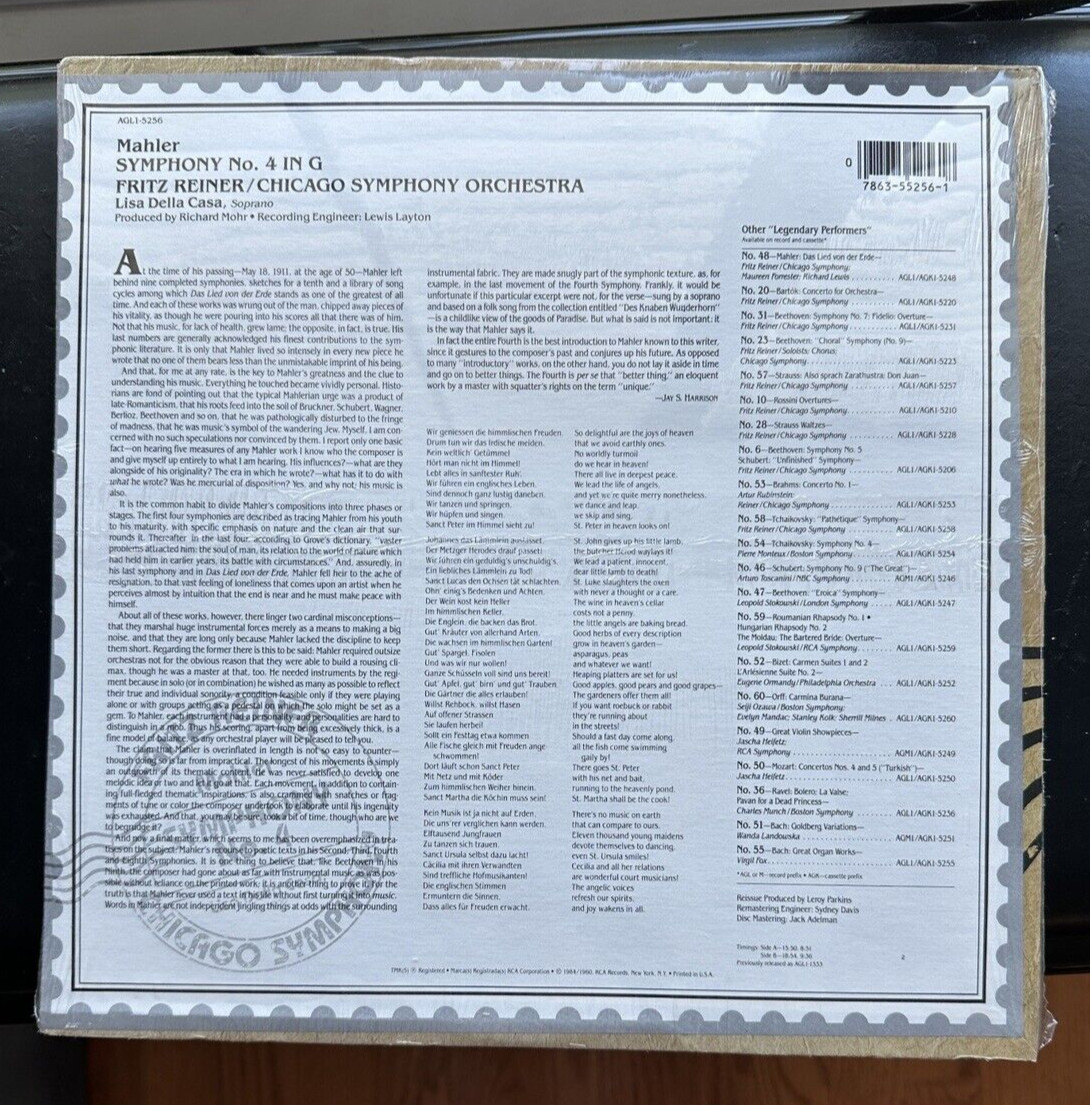 SEALED: Mahler / Reiner / Della Casa - Symphony 4 - RCA Gold Seal AGL1-5256 - Image 1