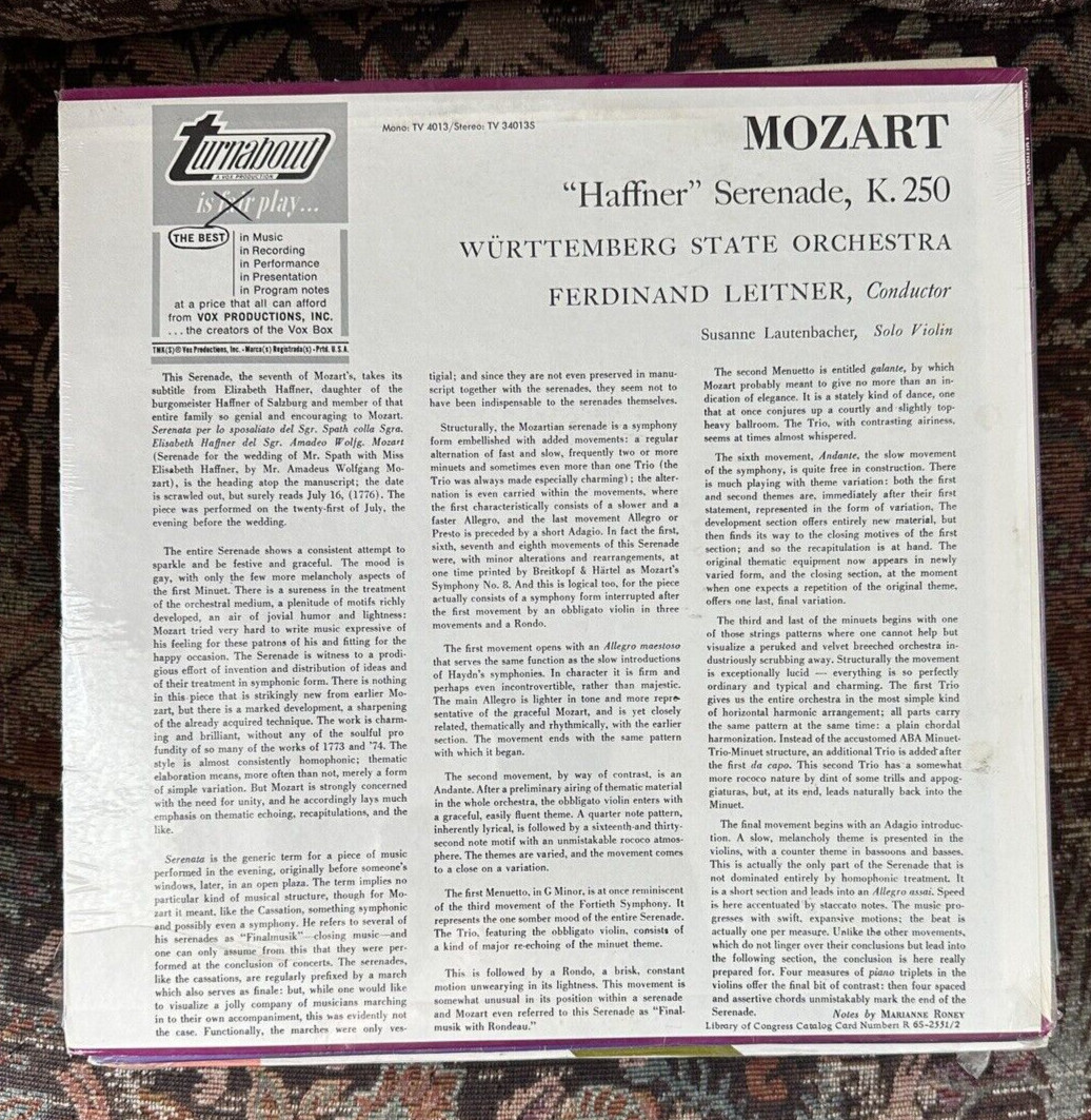 SEALED: Lautenbacher / Leitner MOZART Haffner Serenade - Turnabout TV 34013S - Image 1