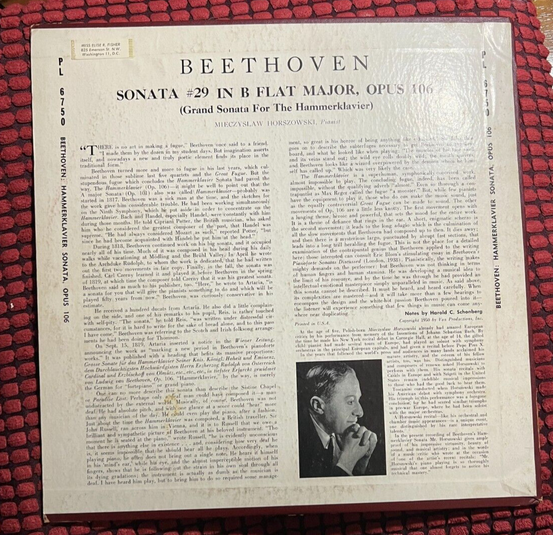 BEETHOVEN - Sonata No. 29 Hammerklavier - Mieczysław Horszowski - VOX PL 6750 - Image 1