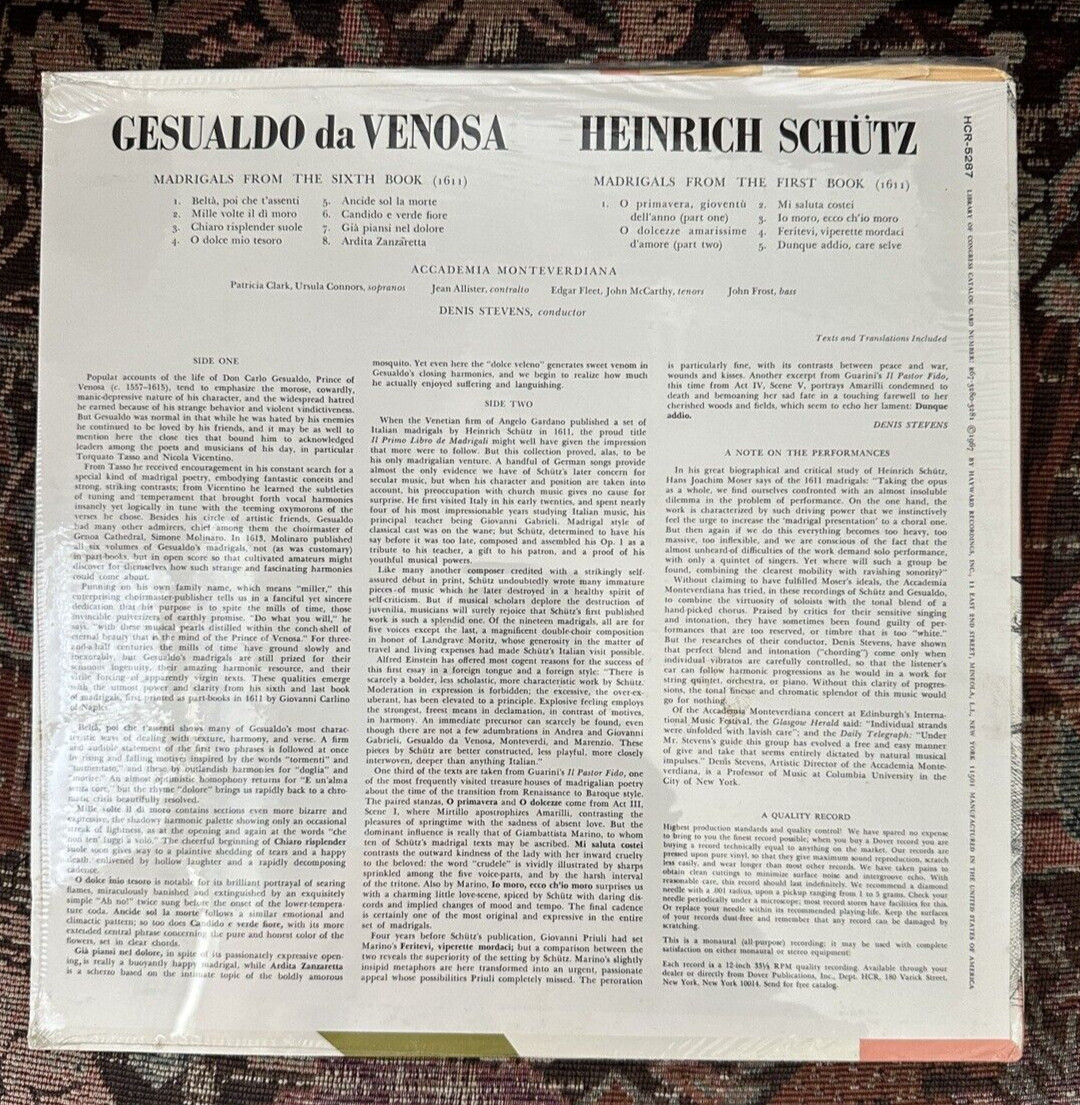 SEALED: Denis Stevens/Accademia Monteverdiana GESUALDO/SCHUTZ - Dover HCR-5287 - Image 1