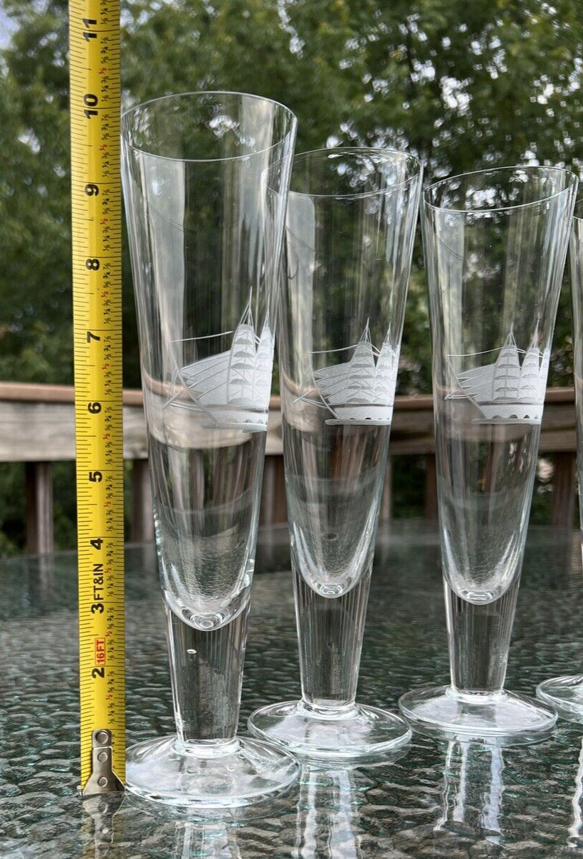 4 Vintage Clipper Hand Cut Blown Glass Etched Pilsner Glasses Ships 10" - Image 1
