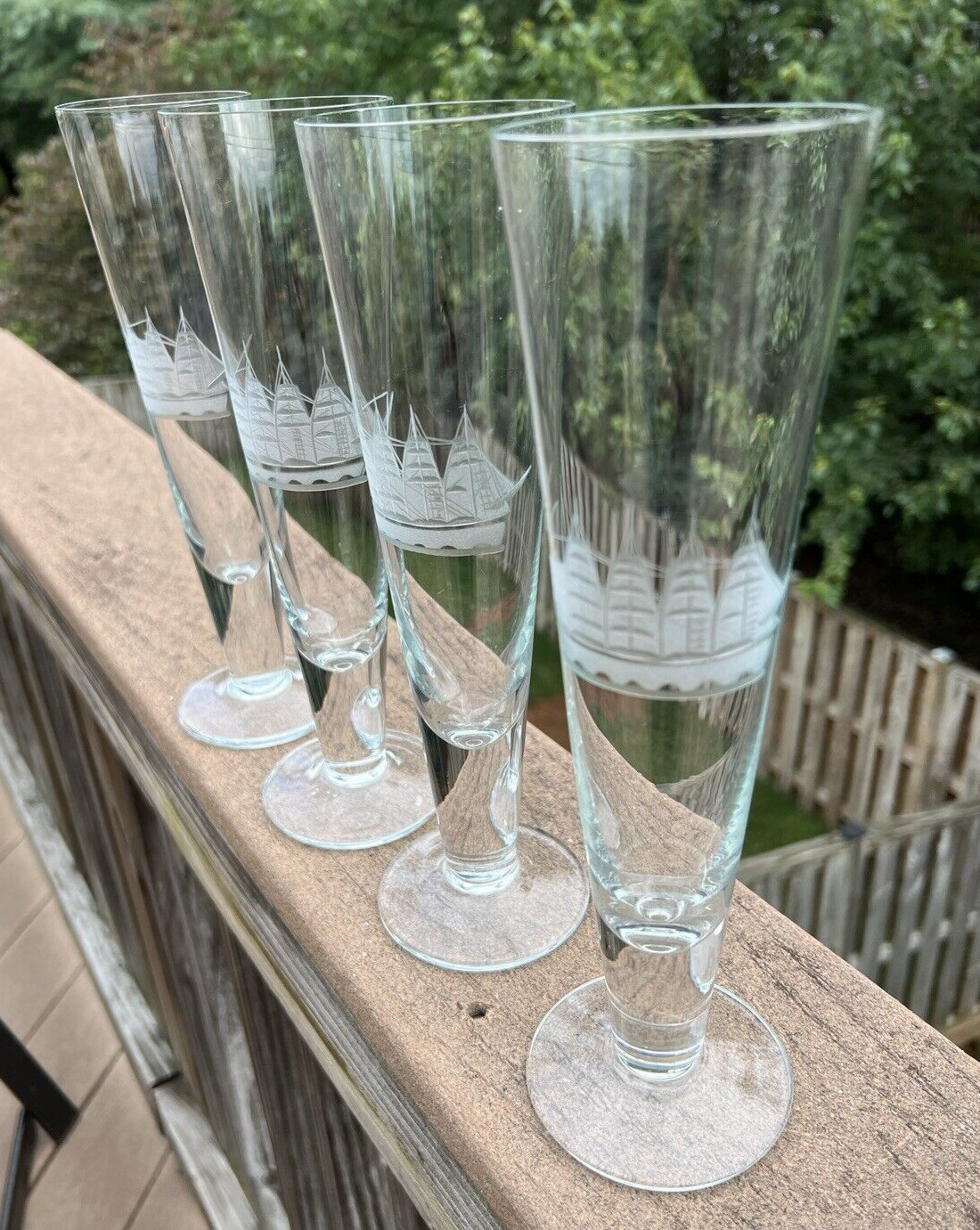 4 Vintage Clipper Hand Cut Blown Glass Etched Pilsner Glasses Ships 10" - Image 5