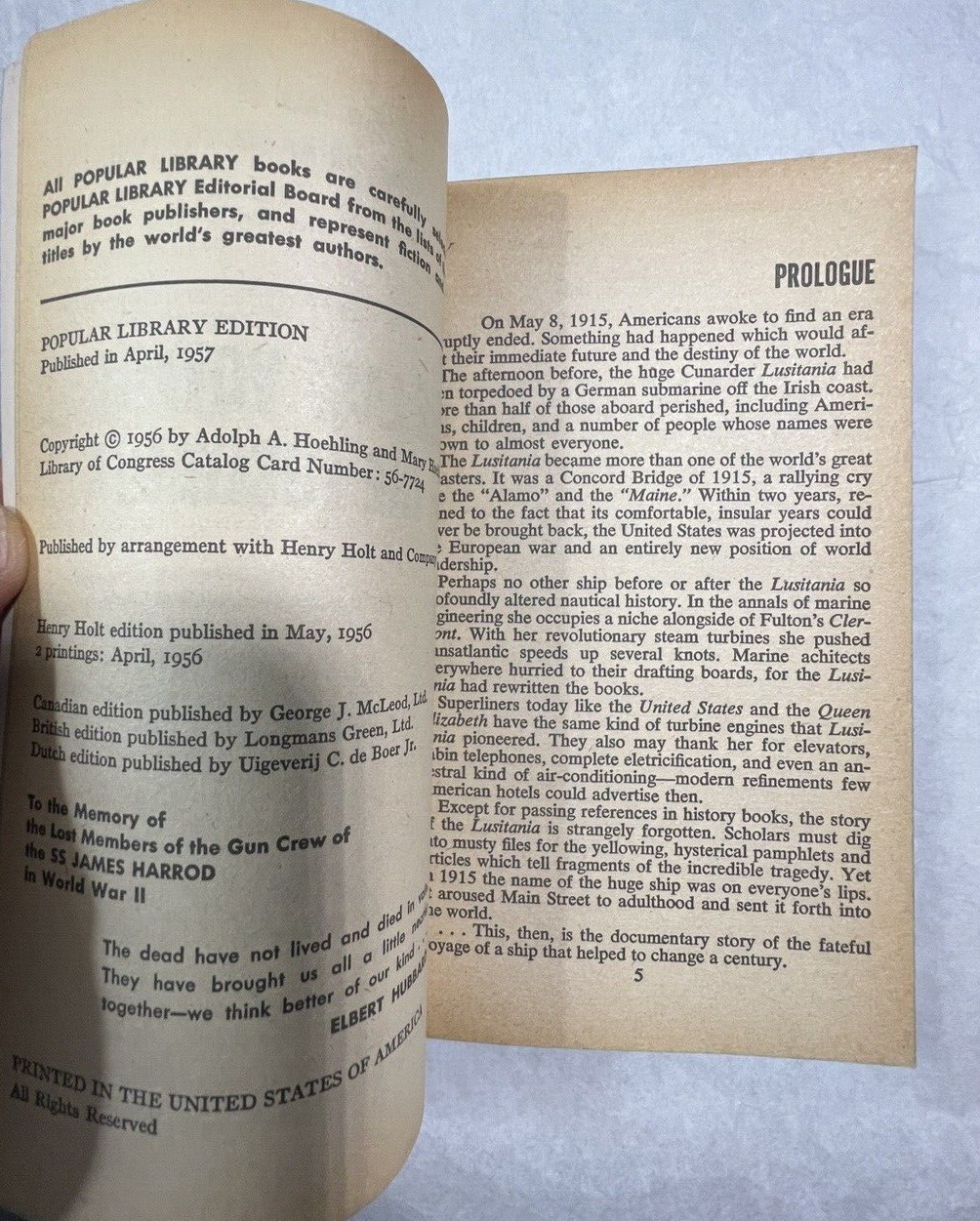 The Last Voyage of the Lusitania A.A. Hoehling 1957 Popular Library Paperback - Image 2