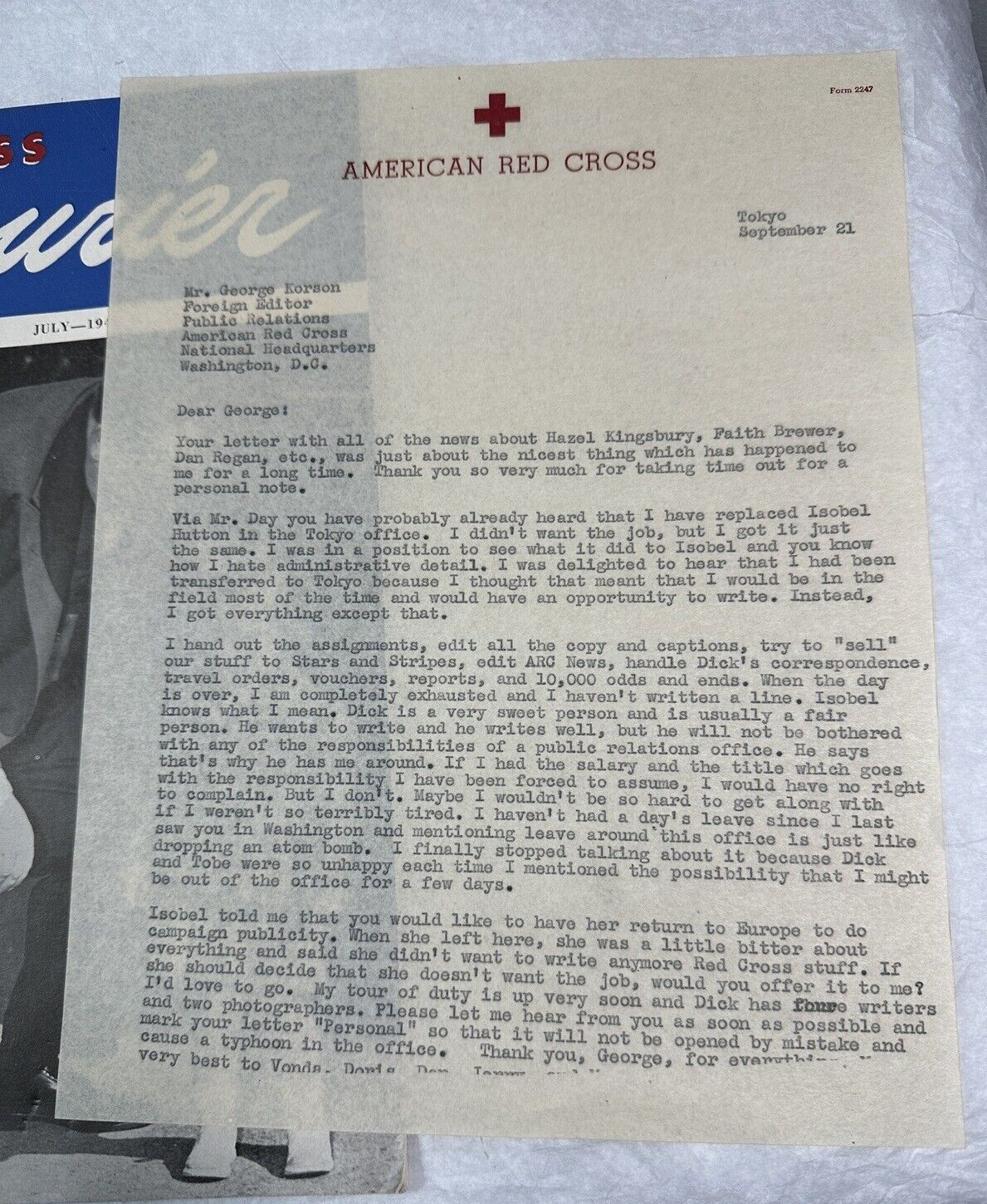 1947 July Red Cross Courier Magazine - Includes Letter to George Korson - Image 1