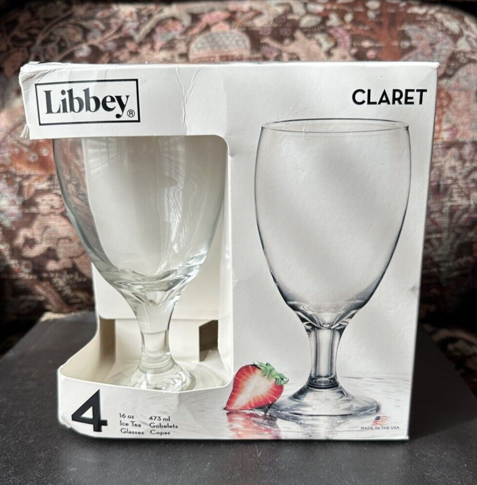 Libbey Box Set of 4 Claret Stemmed Beverage Glass Glasses 16oz Iced Tea - Image 1