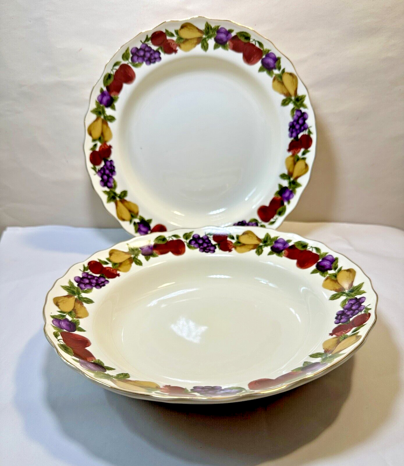 Set Of 2 Home Age Of Elegance Fruit Scalloped Gold Large Rim Soup Bowls 9-1/4” - Image 1