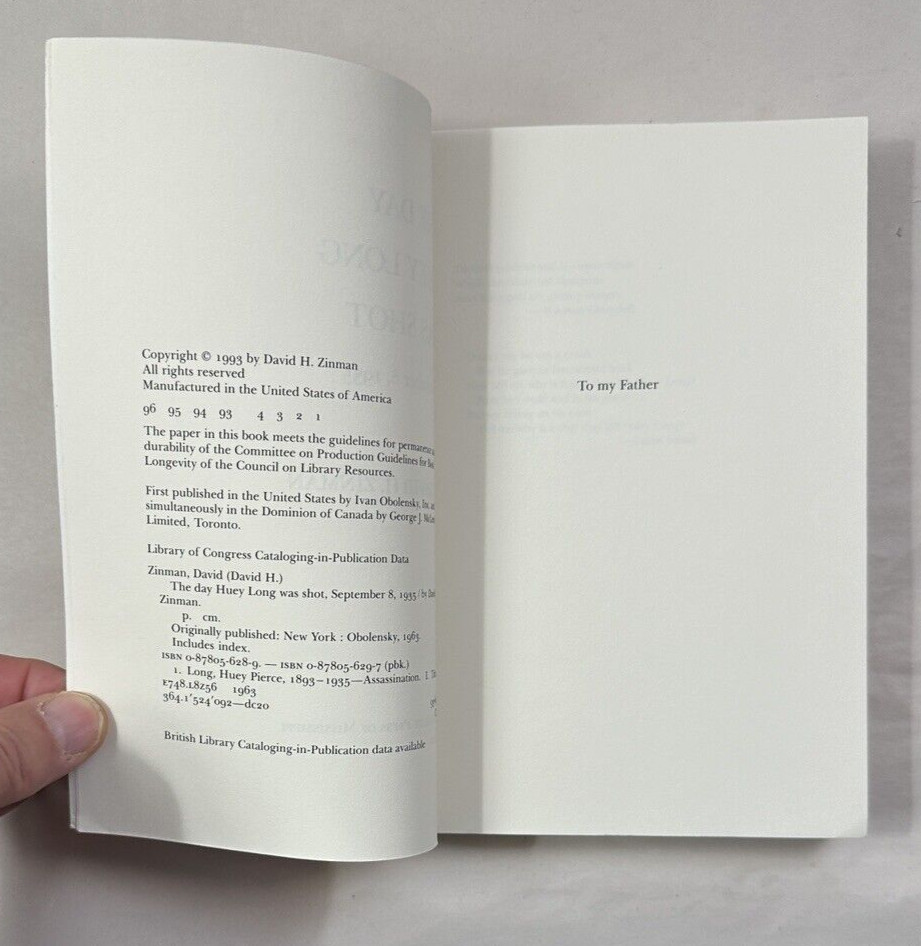 The Day Huey Long Was Shot - David Zinman - (1993 Paperback) -  Pristine, Unread - Image 2