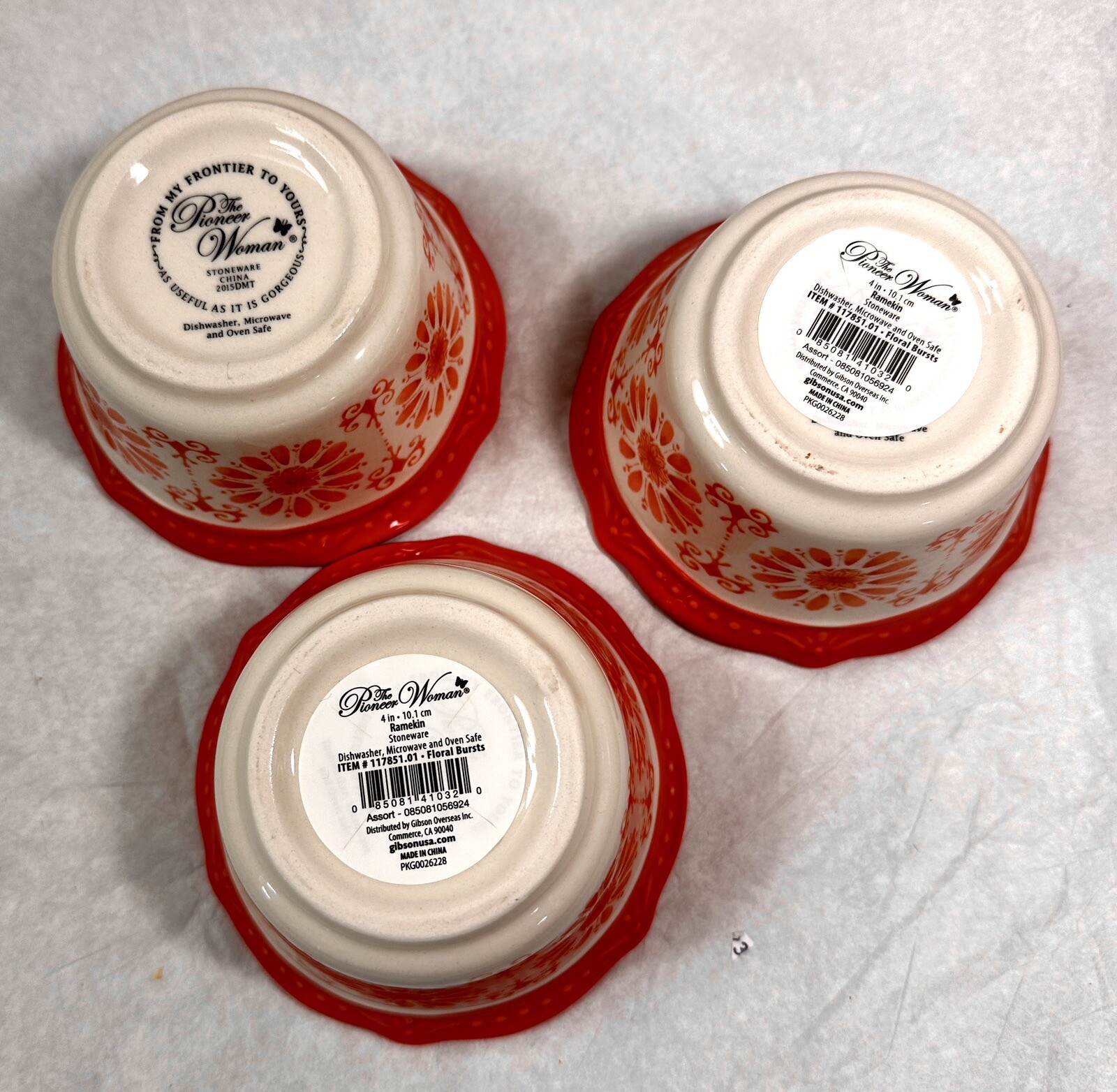 Three (3) Pioneer Woman Stoneware Ramekins Dipping Bowls - Floral Bursts (Red) - Image 3