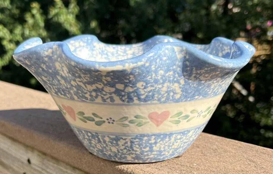 East Texas Pottery Marshall Texas Bowl Blue Spongeware and Hearts-- Immaculate