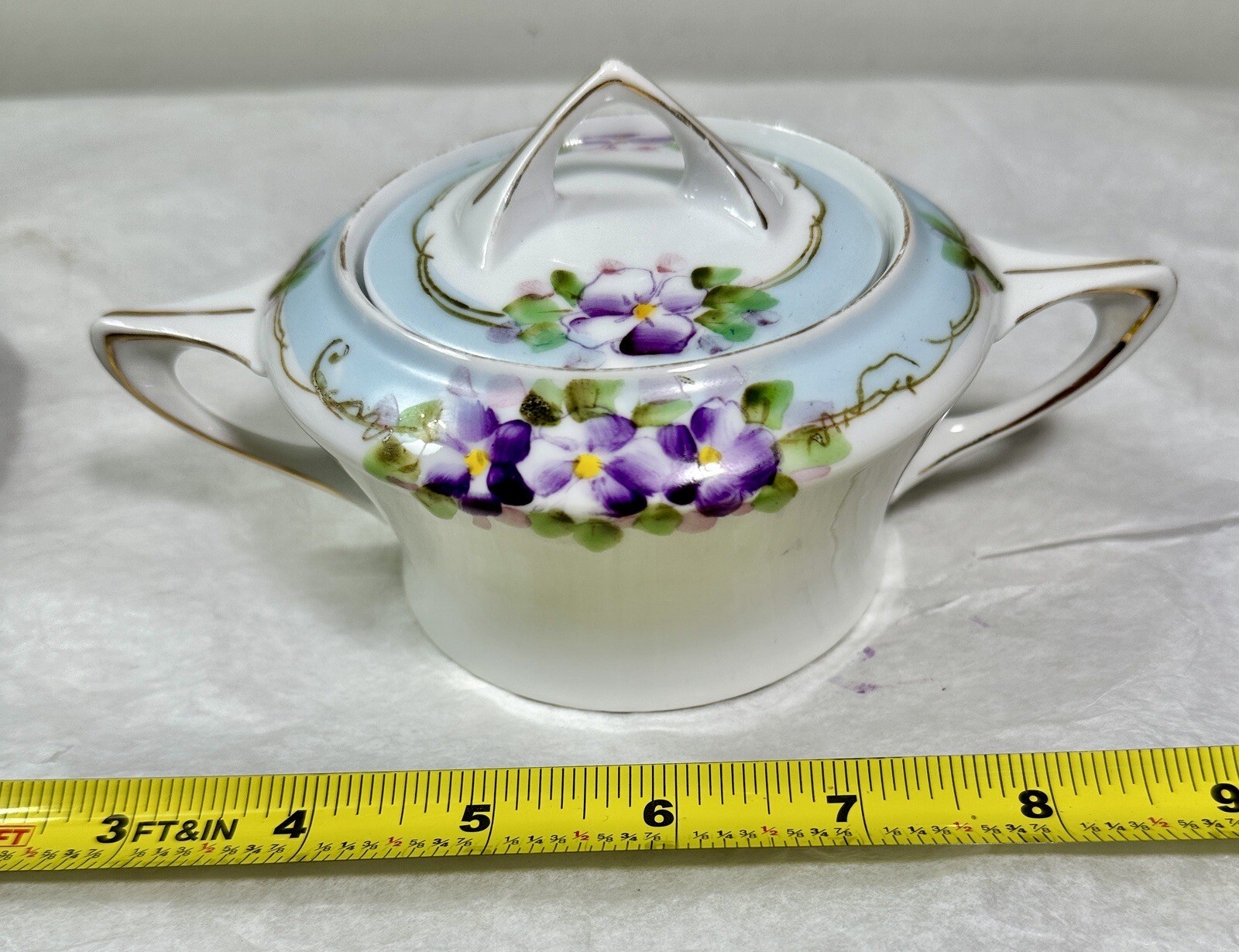Nippon Hand Painted Porcelain Sugar Bowl with Lid - Purple Floral Japan - Image 2