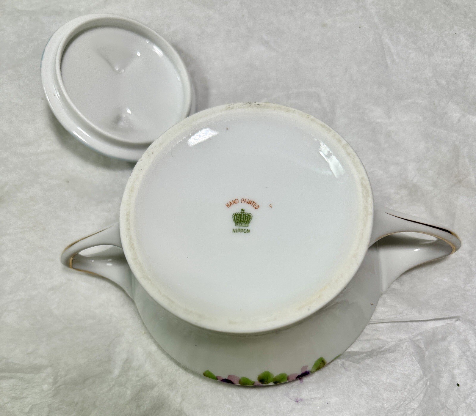 Nippon Hand Painted Porcelain Sugar Bowl with Lid - Purple Floral Japan - Image 5