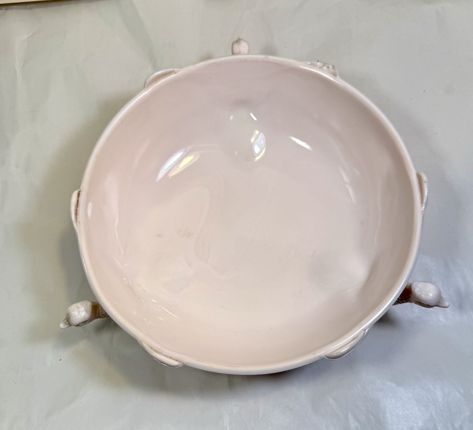 Vintage Jeannette Co Shell Pink Milk Glass Footed 3 Pheasant Bowl - Small Chip - Image 1