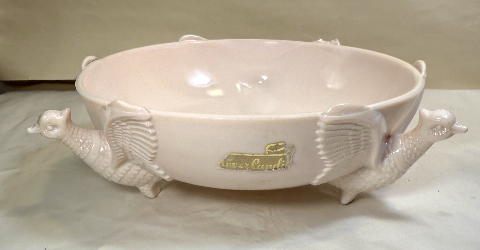 Vintage Jeannette Co Shell Pink Milk Glass Footed 3 Pheasant Bowl - Small Chip