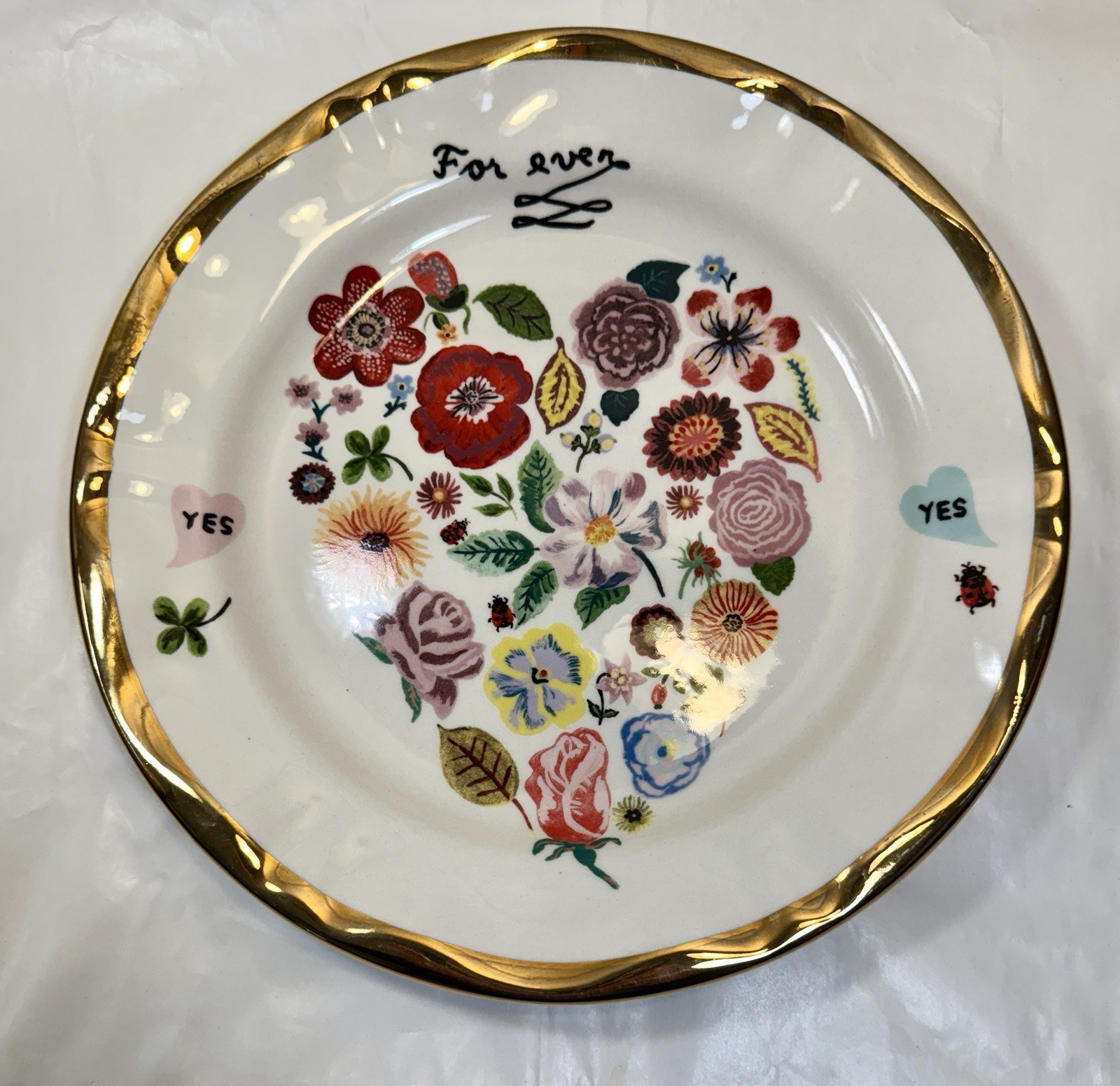 Anthropologie Plate /   Nathalie Lete / Forever Heart Flowers / Gold Trim - 10"