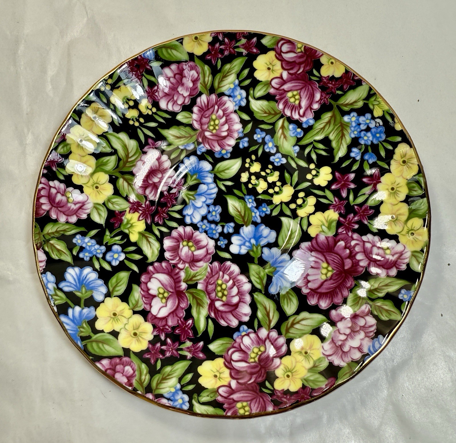 Bethany Cup & Saucer Staffordshire England Black Pink Blue Floral Chintz Teacup - Image 3