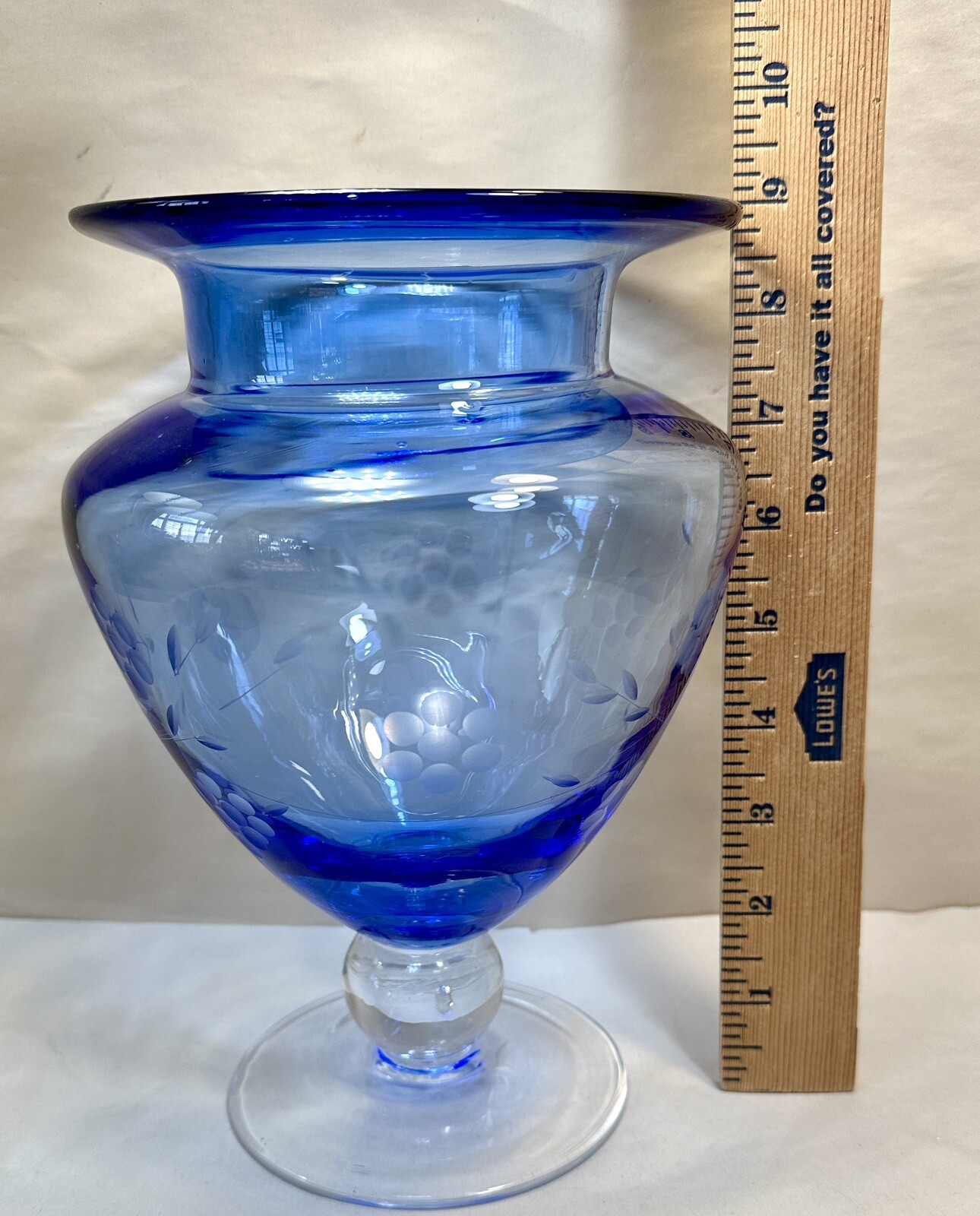 Ftd Florists Transworld Delivery Blue Etched Glass Pedestal Vase 9" Tall - Image 5