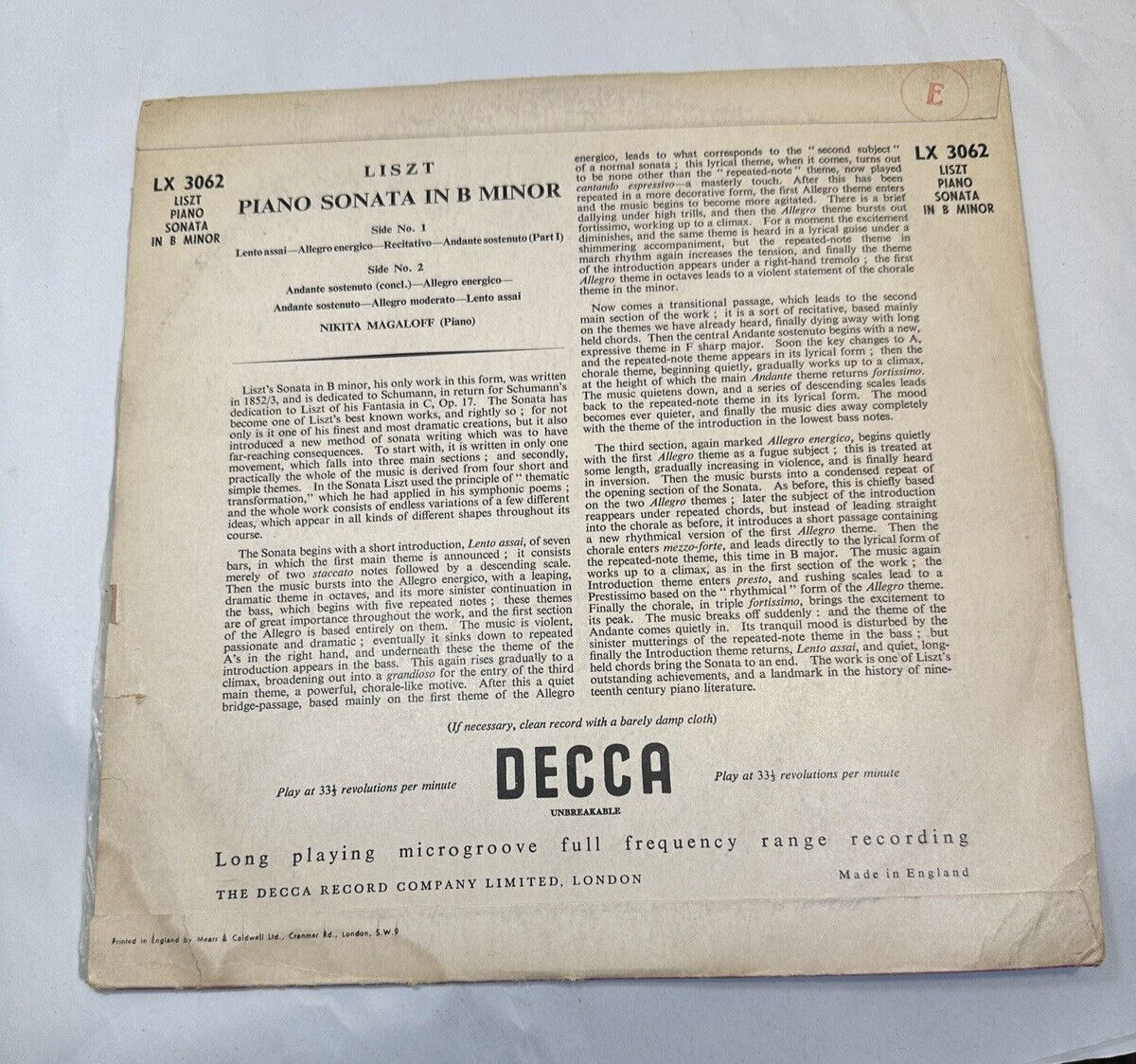 Nikita Magaloff Liszt Sonata in B Minor - Decca LX 3062 - November 1951 - 10" LP - Image 10