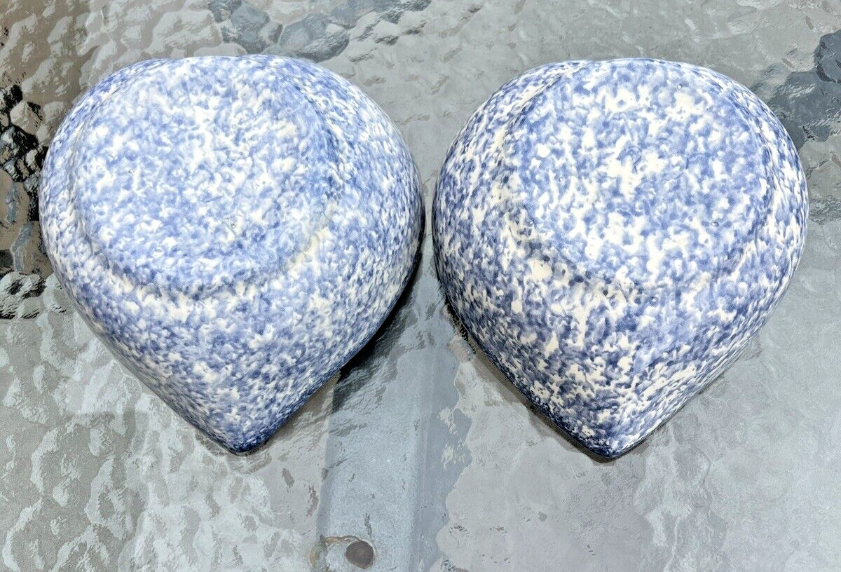 VTG Pottery Blue Spongeware Heart Shaped Bowls - 6" Wide - Image 1