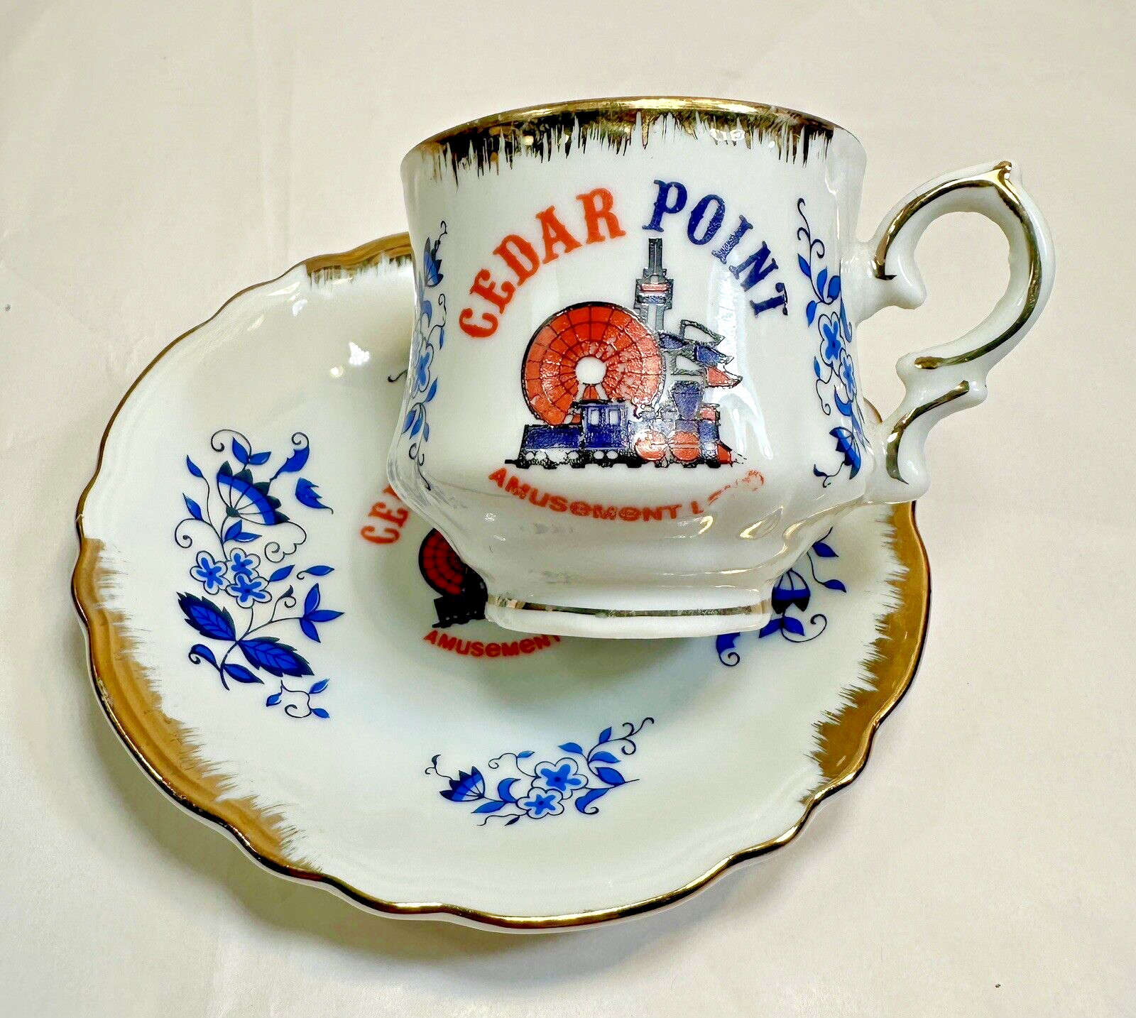 Vintage Ceramic Cedar Point Amusement Land Teacup and Saucer - Original Tags - Image 1