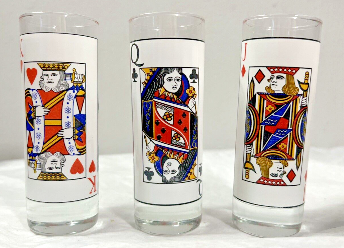 Three (3) Vintage Playing Face Card Poker Shot Glasses - Retro Barware