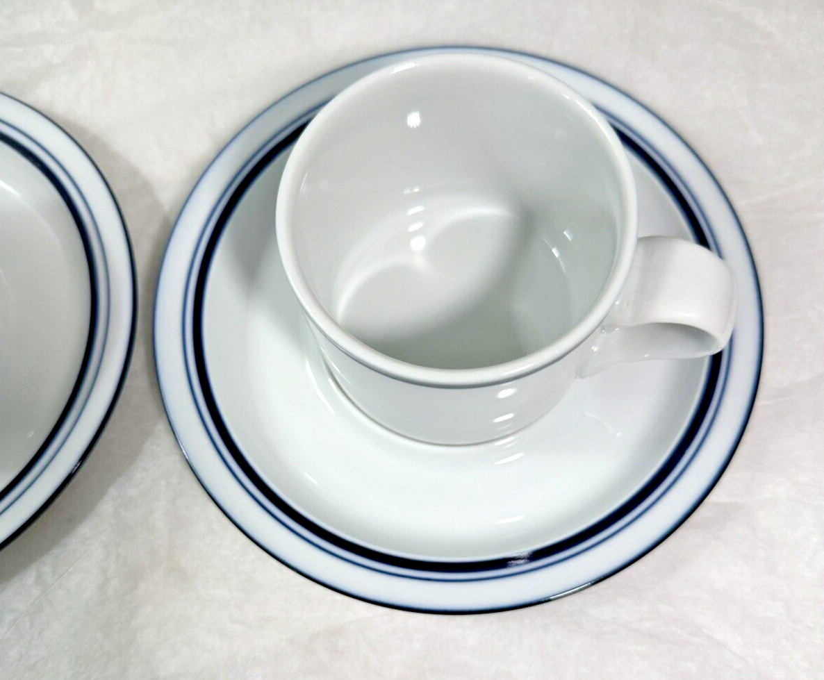 Set of 2 Dansk Bistro Cup and Saucers - Christianshavn Blue Stripe Portugal - Image 4