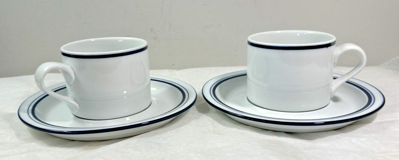 Set of 2 Dansk Bistro Cup and Saucers - Christianshavn Blue Stripe Portugal