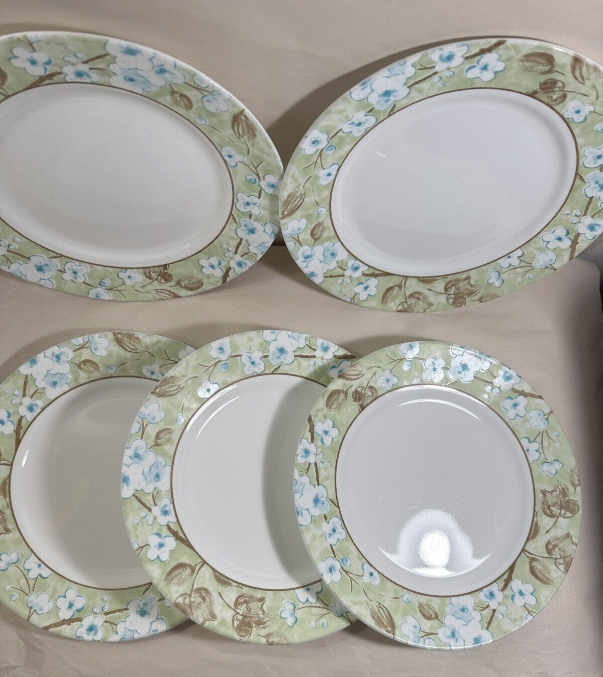 Five (5) Corelle SPRING LINEN Dinner Plates 10 3/4" Brown Blue Wide Rim - Image 2